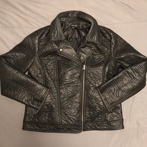 Black, zip up, heavy duty, faux leather jacket